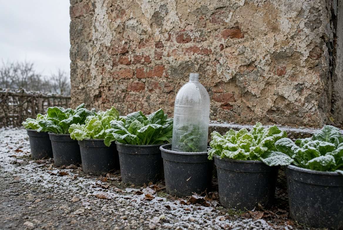 A transparent DIY plastic bottle cloche covering a small lettuce plant in a container pot on a frosty winter day for warmth.