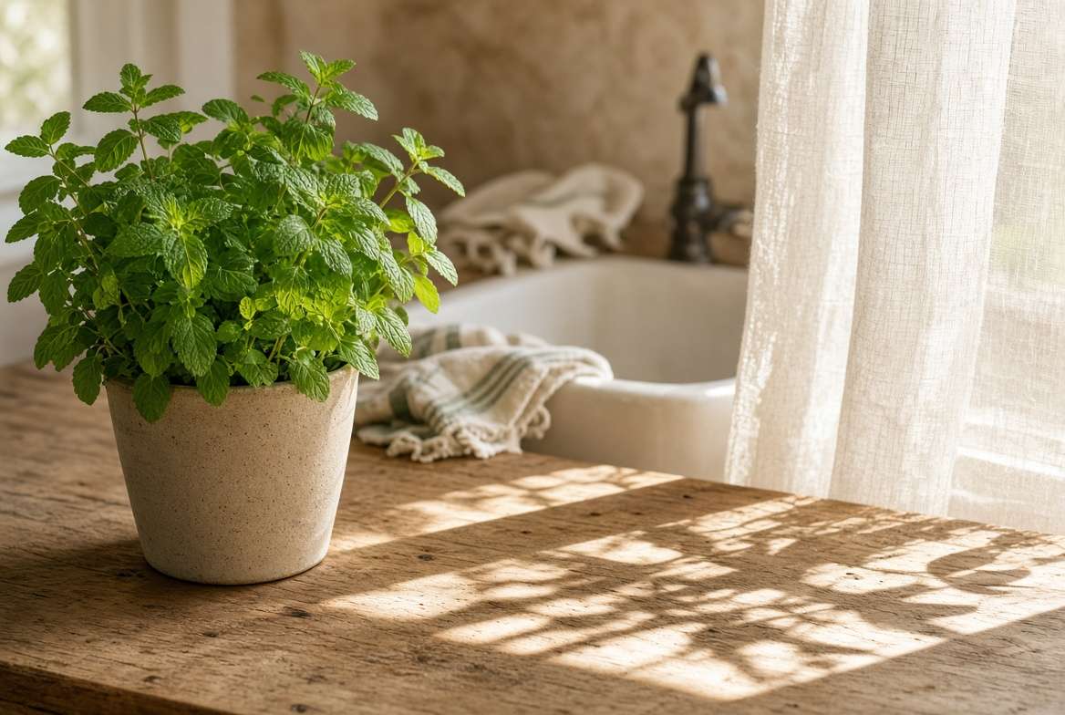 A kitchen windowsill showing a healthy mint plant sitting in soft, diffused indoor light next to a patch of harsh, defined direct sunlight, illustrating low-light condition
