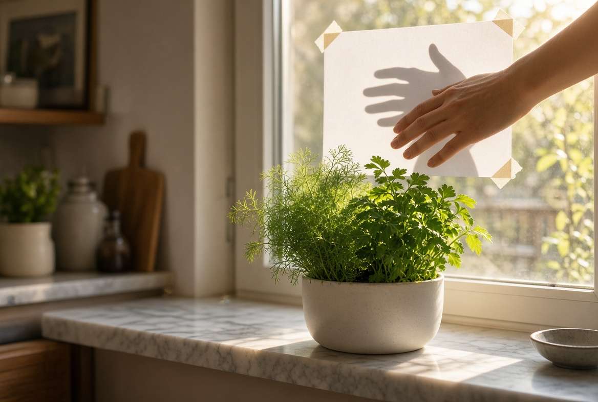 A hand casts a distinct shadow over a windowsill herb pot in the afternoon sun, demonstrating bright light conditions.