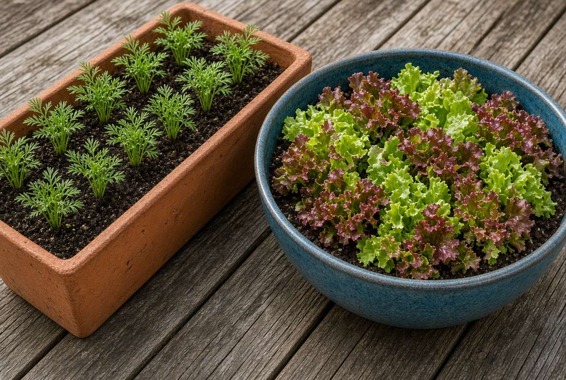 Comparison visual of container gardening geometry: deep pot for carrots (root veggies) next to shallow, wide container for leafy greens.