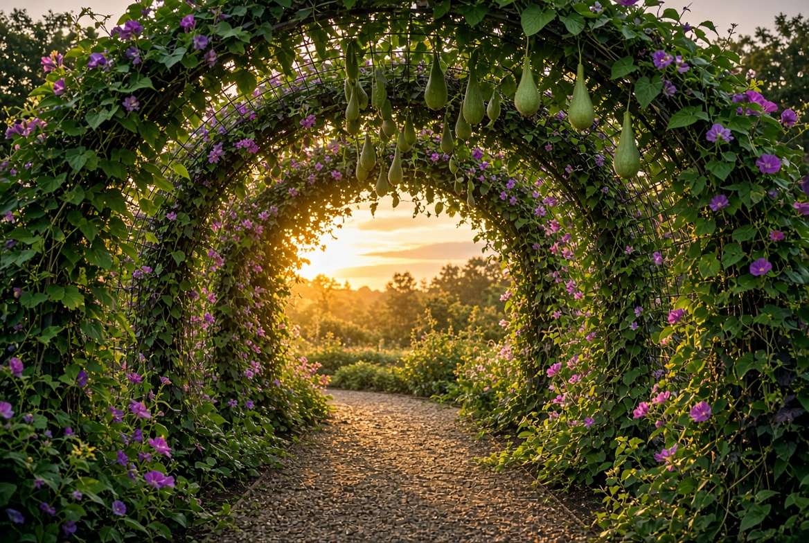 Wide cinematic view of a cattle panel arch tunnel covered in a mix of climbing vegetables and vibrant ornamental flowers during golden hour
