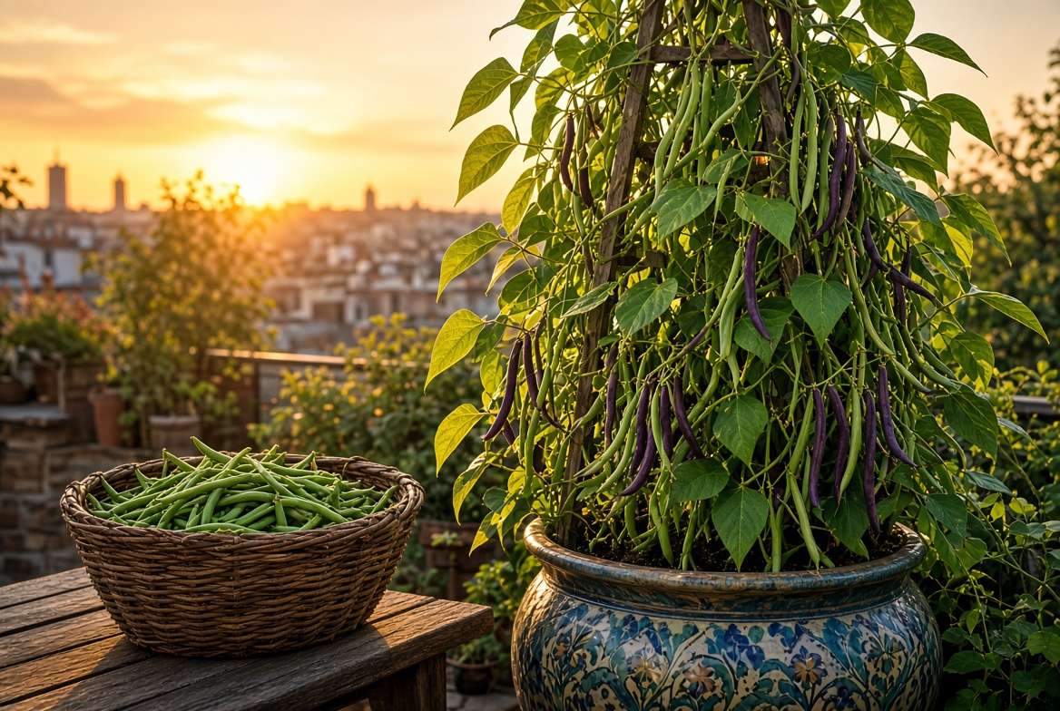 A highly aesthetic golden hour photograph of a thriving wooden obelisk trellis in a patio container completely covered in bean vines and ripe pods, next to a basket full of freshly harvested green beans.