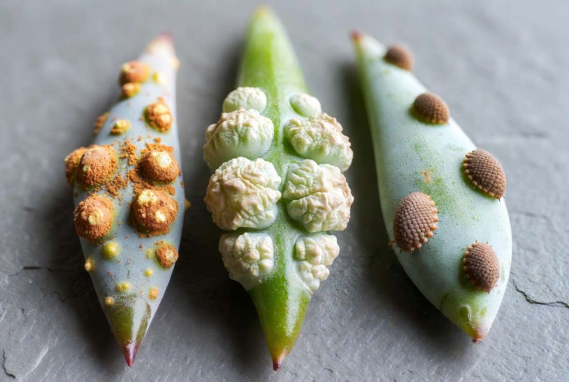 Comparative photograph showing the visual differences between rust fungus, edema scabs, and scale insects on succulent leaves.