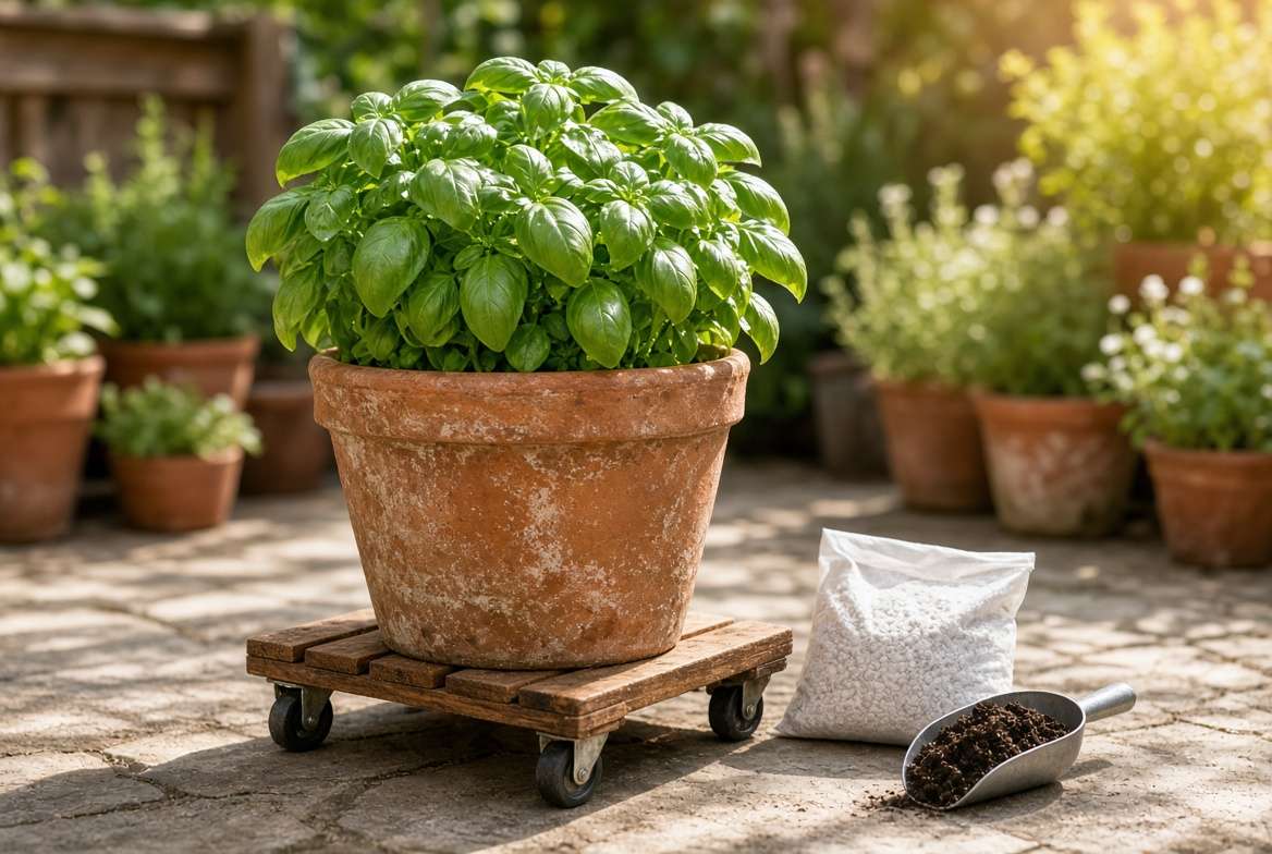 A healthy sweet basil plant in a well-draining 12-inch terracotta pot on a balcony during sunny morning hours.