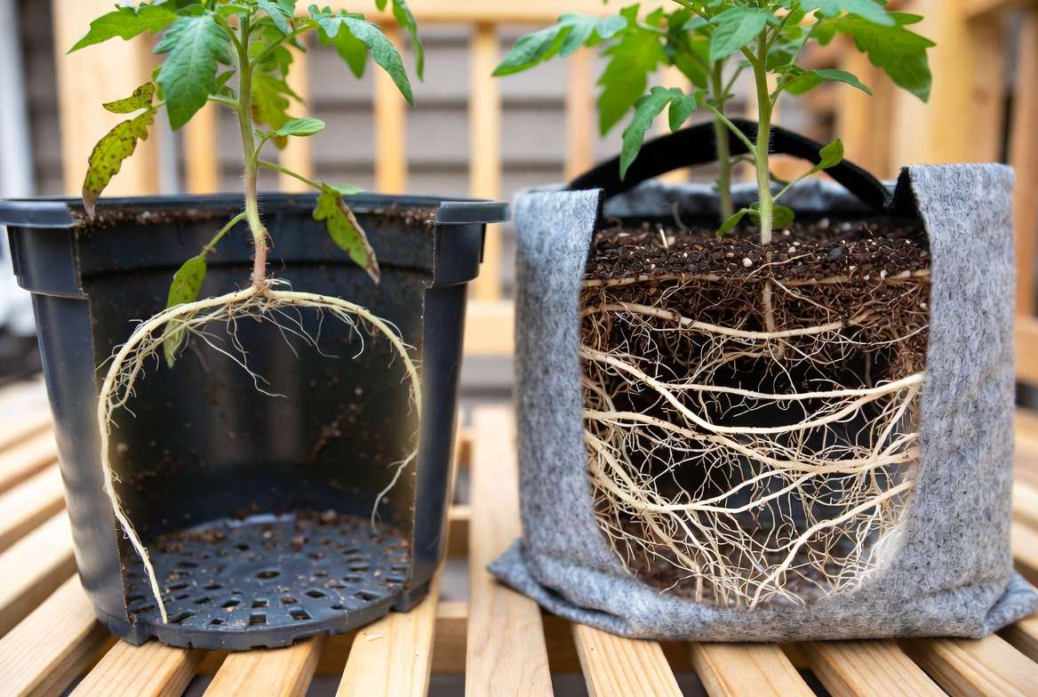 A visual comparison showing how tomato roots 'air-prune' and branch healthily in a fabric grow bag versus circling and becoming root-bound in a traditional plastic pot.