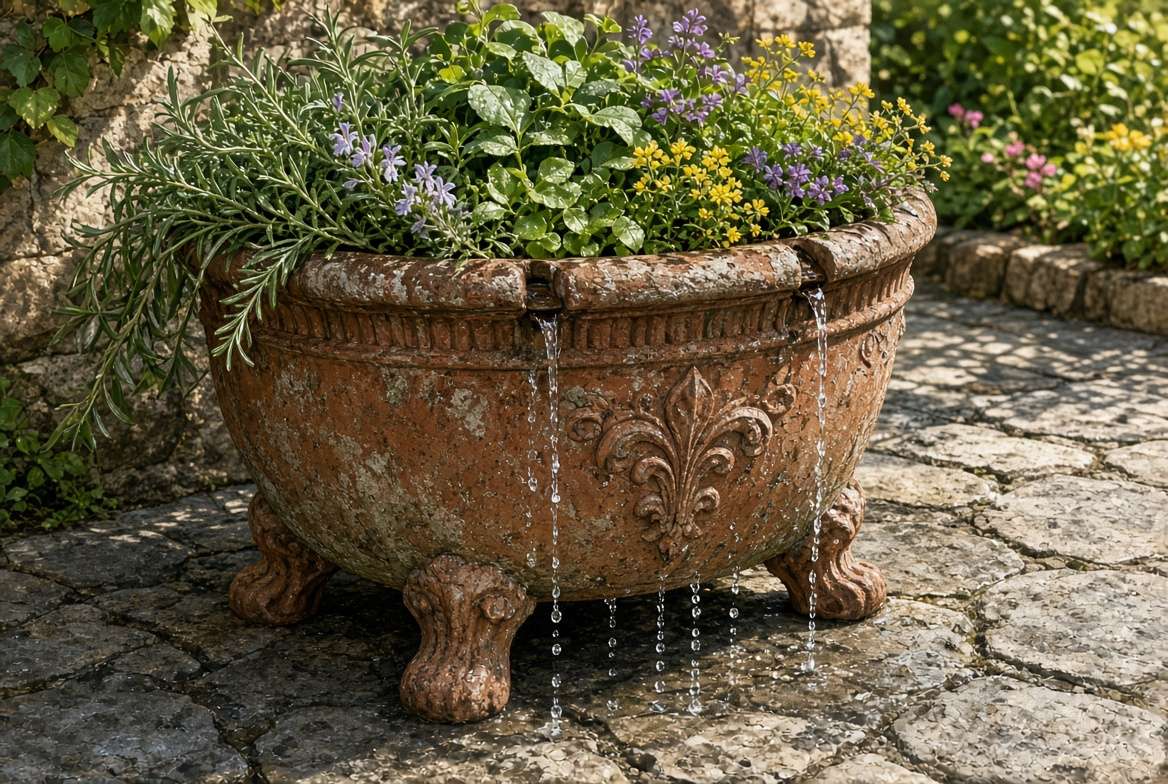 A large outdoor planter elevated on terracotta pot feet allowing water to drain