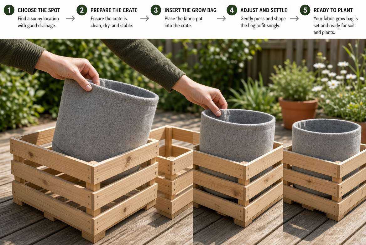 Installing a fabric grow bag inside a large wooden decorative crate