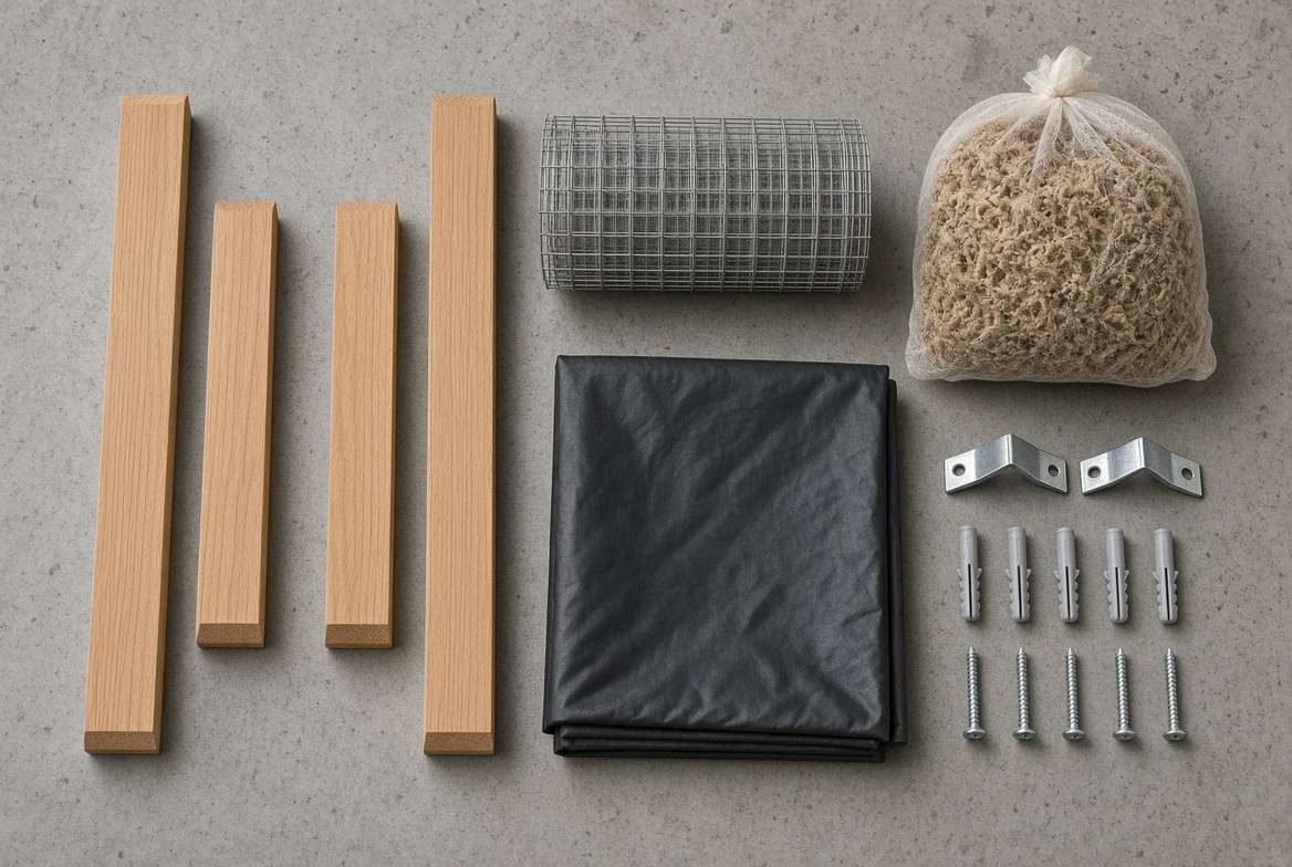 Urban vertical gardening materials kit: wood frame, mesh, moss, liner, hardware.