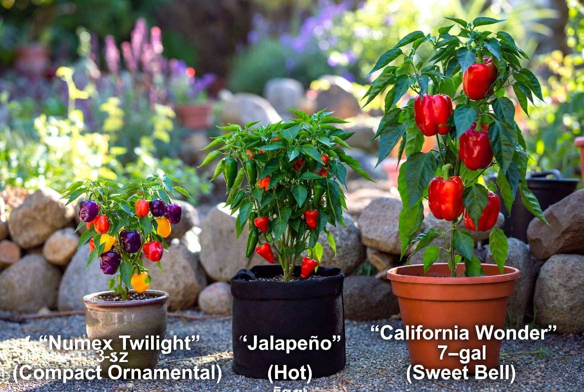 A comparison photo of three vibrant pepper varieties (Ornamental, Jalapeño, Bell) thriving in their correct 3, 5, and 7-gallon pots.