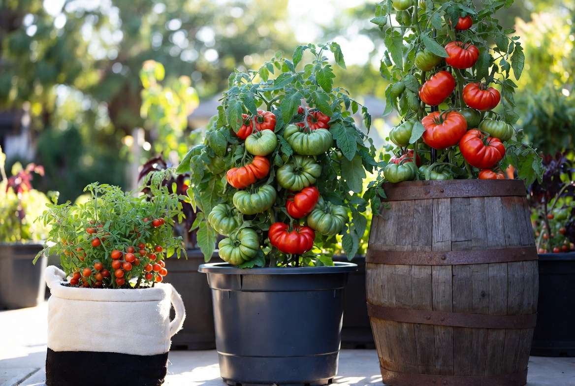 A panoramic comparison photo of three successful tomato varieties (Dwarf, Determinate, Indeterminate) thriving in their correct 5, 15, and 20-gallon containers.