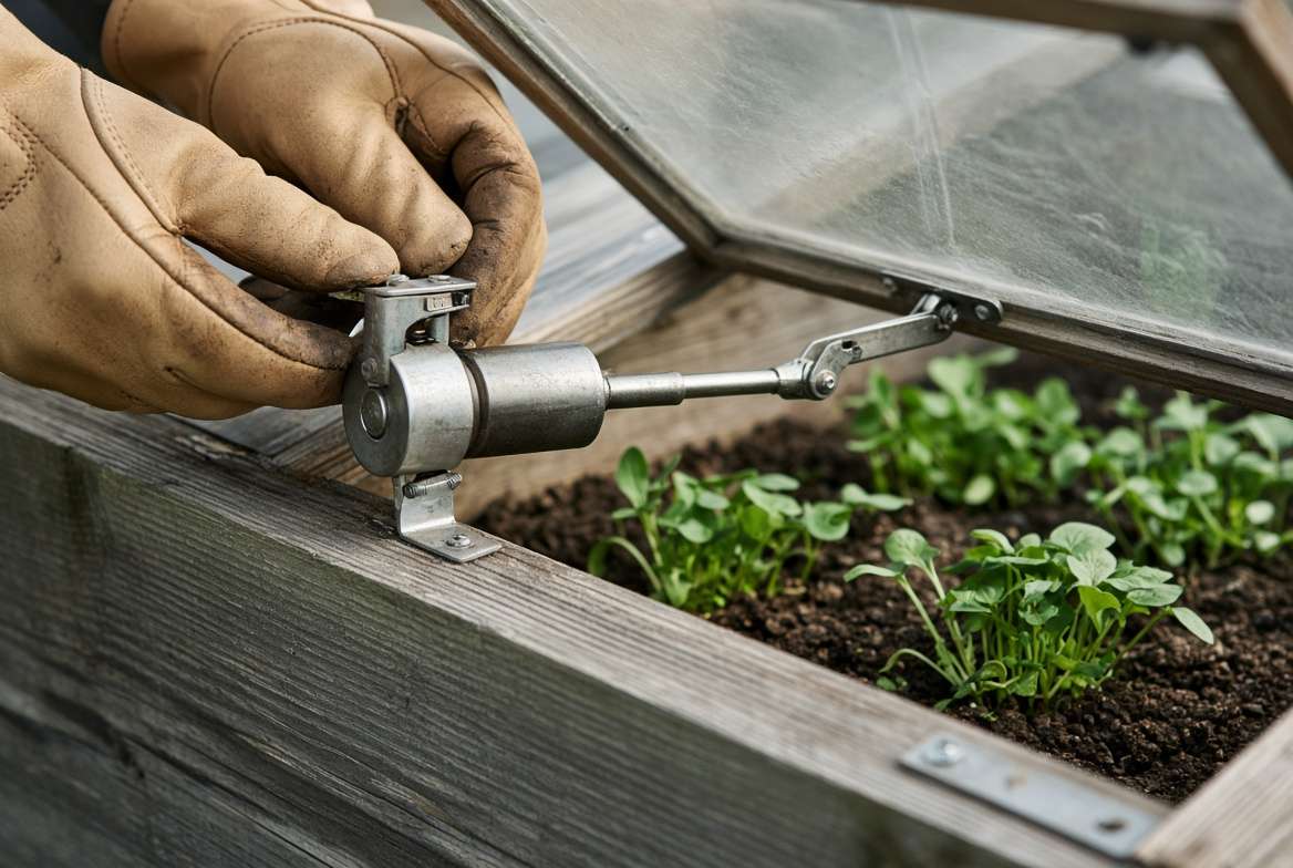 Close-up of gardener’s hands adjusting an automatic vent opener on a polycarbonate cold frame lid for temperature control
