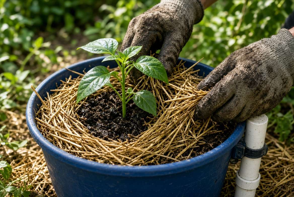Gardener's hands applying a layer of straw mulch to the top soil of a DIY self-watering vegetable planter.
