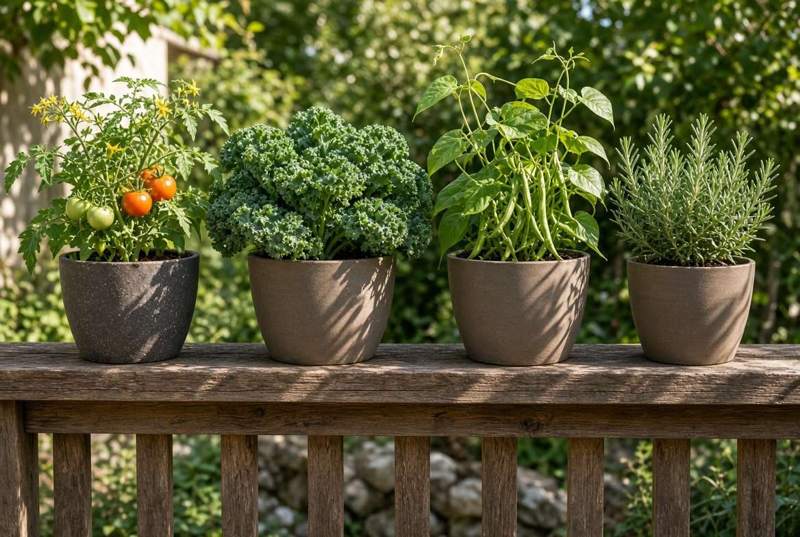 Properly spaced healthy vegetable pots in a patio garden for airflow.