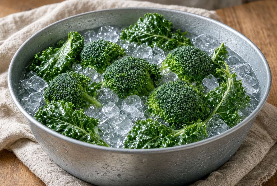 Close-up of freshly harvested broccoli and kale submerged in a metal bowl filled with ice and water, demonstrating the post-harvest cooling technique to preserve freshness