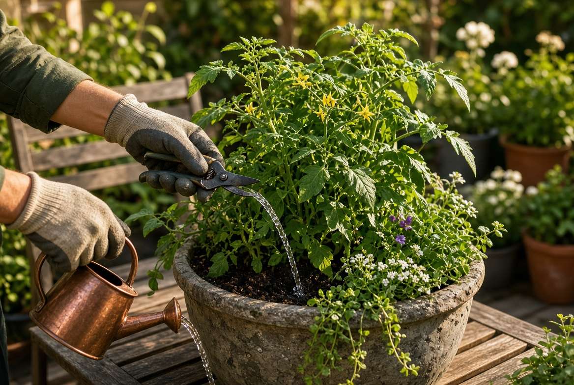 a gardener using shears and a watering can to maintain airflow and water a lush container companion planting