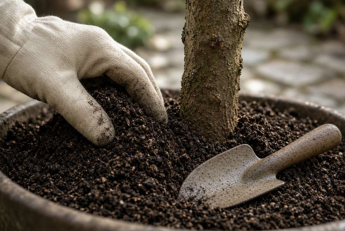 Close-up photo of a gloved hand applying rich organic compost as top-dressing to the base of a potted patio fruit tree to improve soil health.