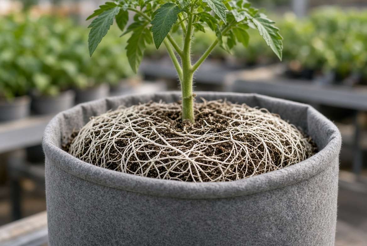 Close up view of healthy, air-pruned fibrous root system inside a gray geotextile fabric grow bag.