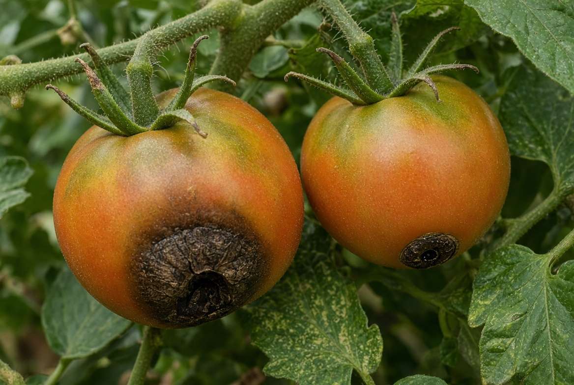 Macro photo of a tomato in a hanging planter showing a sunken black spot of blossom end rot.