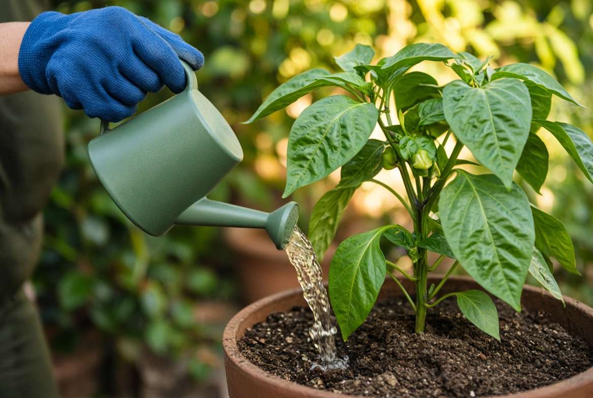 Gardener applying diluted liquid fertilizer to the soil of a potted pepper plant.