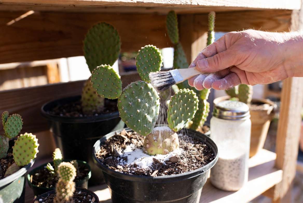 Person applying white food-grade diatomaceous earth powder to the dry topsoil of a potted prickly pear cactus.