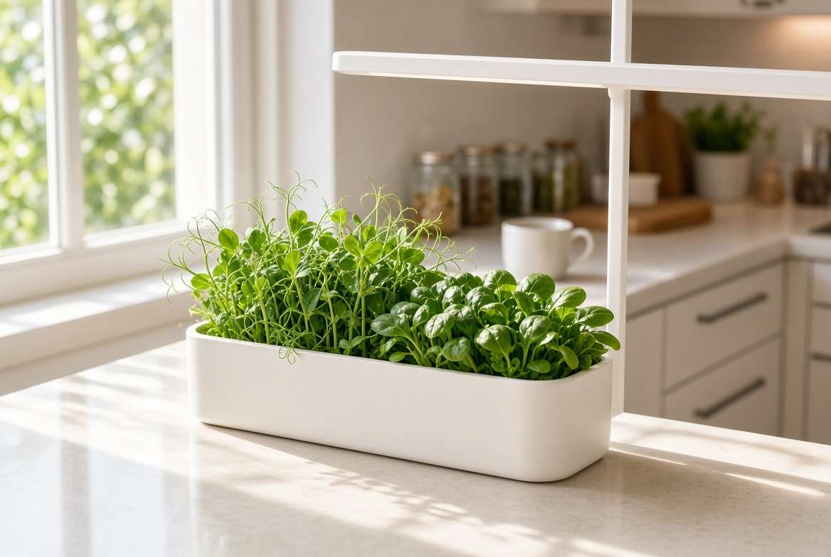 Fresh pea shoots and spinach growing in a modern ceramic window box planter on a kitchen counter near a sunny window.