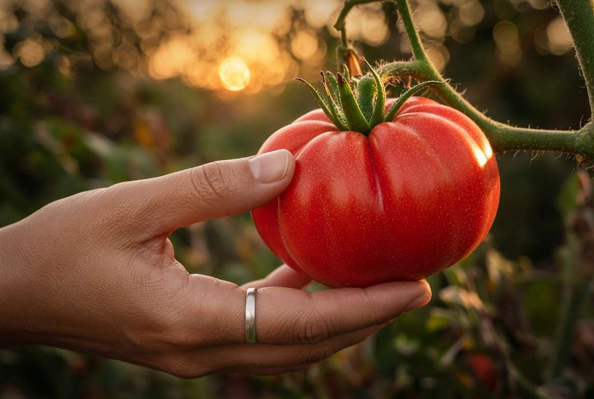 A gardenerâs hand gently squeezing a ripe red tomato on the vine to test for fruit softness.
