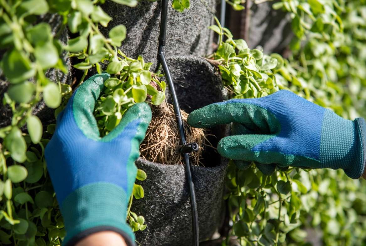 A gardener's hands inspecting a drip irrigation emitter within the roots of a vertical felt planter