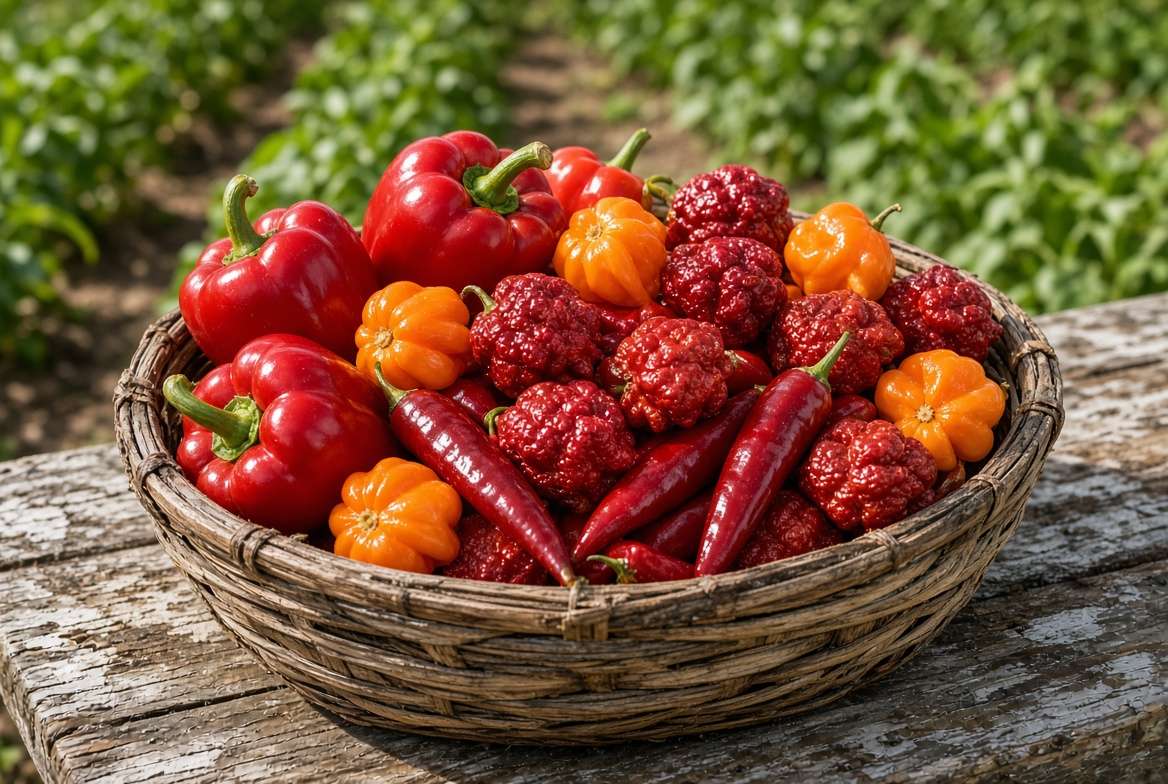 A harvest basket filled with varying ripe peppers including Red Bell, Orange Habanero, and Ghost peppers.