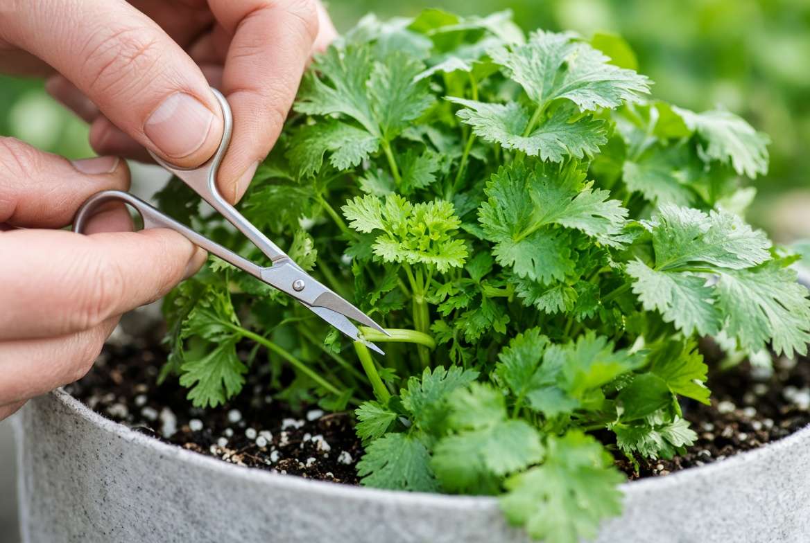 A close-up of the correct technique for harvesting cilantro leaves, showing a hand cutting outer stems with small scissors while leaving the central growing crown intact.