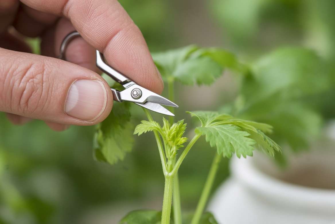 A close-up view showing specialized shears positioned to cut a stem of cilantro just above a leaf node, illustrating correct harvesting technique