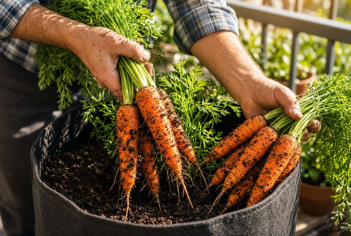 Gardener pulling a bunch of fresh, vibrant orange carrots out of a deep fabric pot on a balcony.