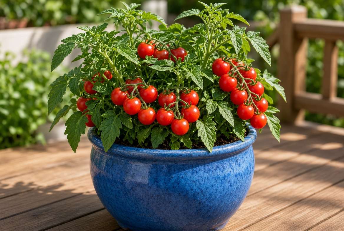 A compact determinate bush tomato plant loaded with ripe red tomatoes growing in a blue ceramic container.