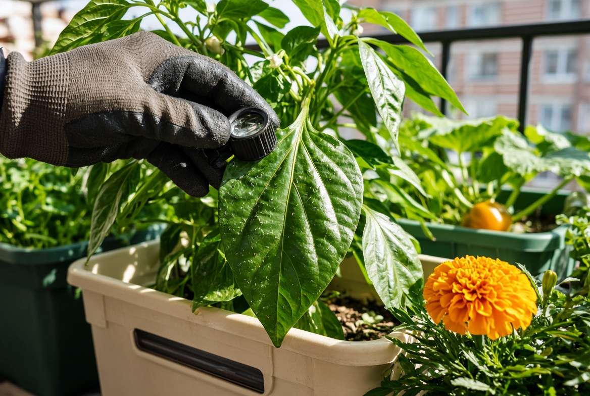 Inspecting balcony vegetable leaves for pests using a magnifying loupe near a companion marigold.