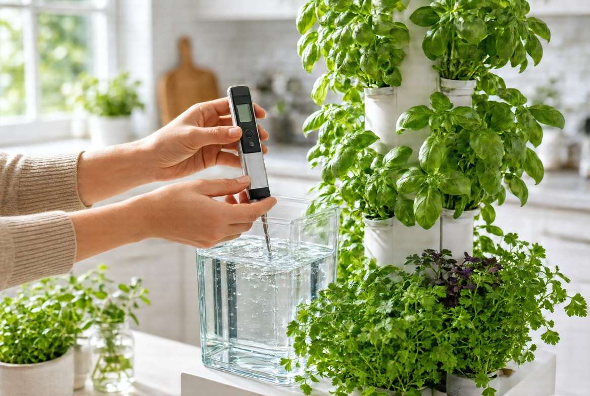Person easily checking the water reservoir of a vertical hydroponic tower with a digital pH meter.