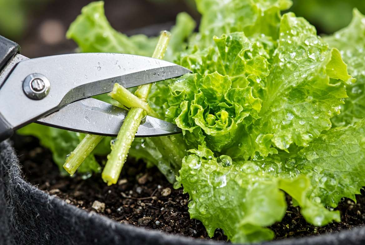 Close-up of small scissors cutting outer leaves from a container lettuce plant, demonstrating the cut-and-come-again method