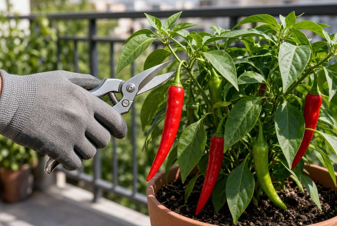 A gloved gardener using sharp snips to cleanly harvest a ripe red cayenne pepper from a container plant without damaging the stem.
