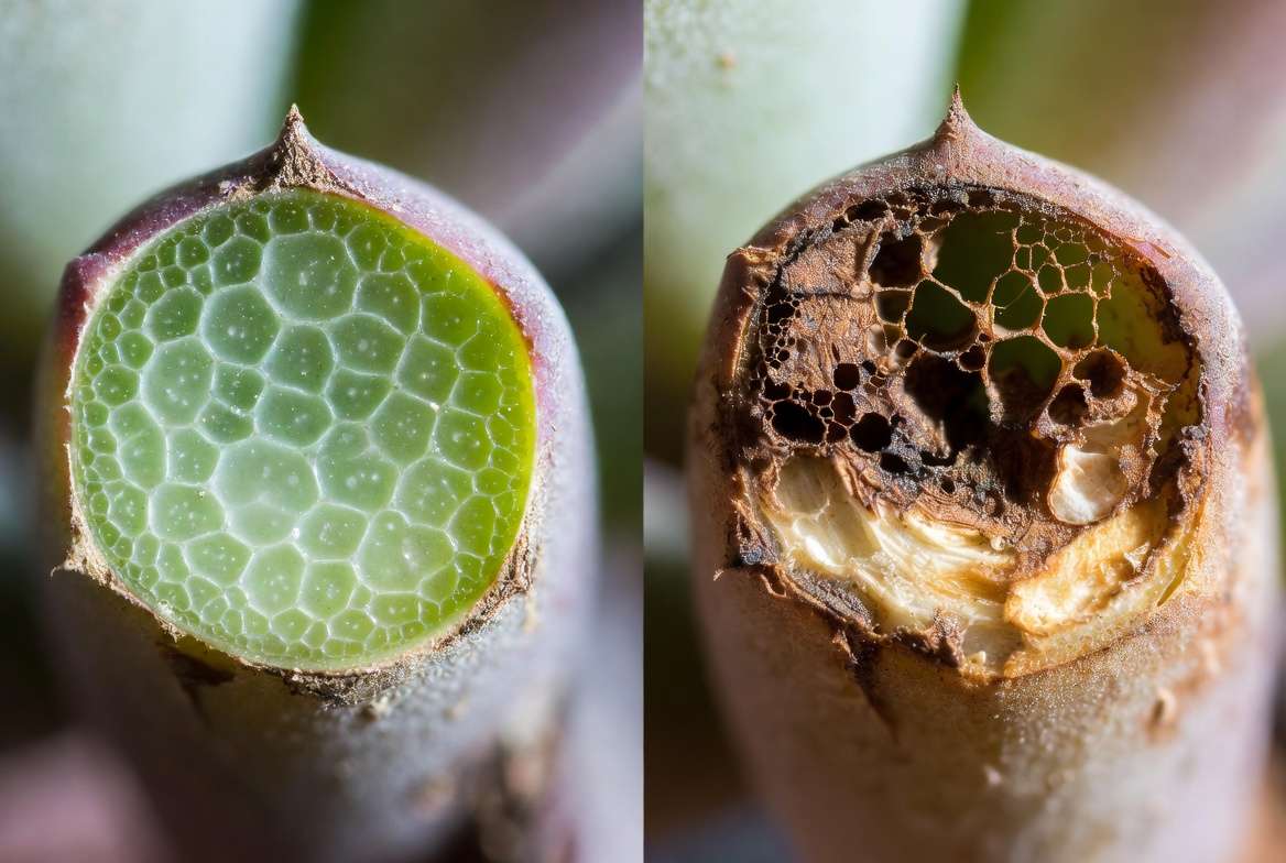 Comparison of healthy green Echeveria stem versus dark, rotting Echeveria stem.