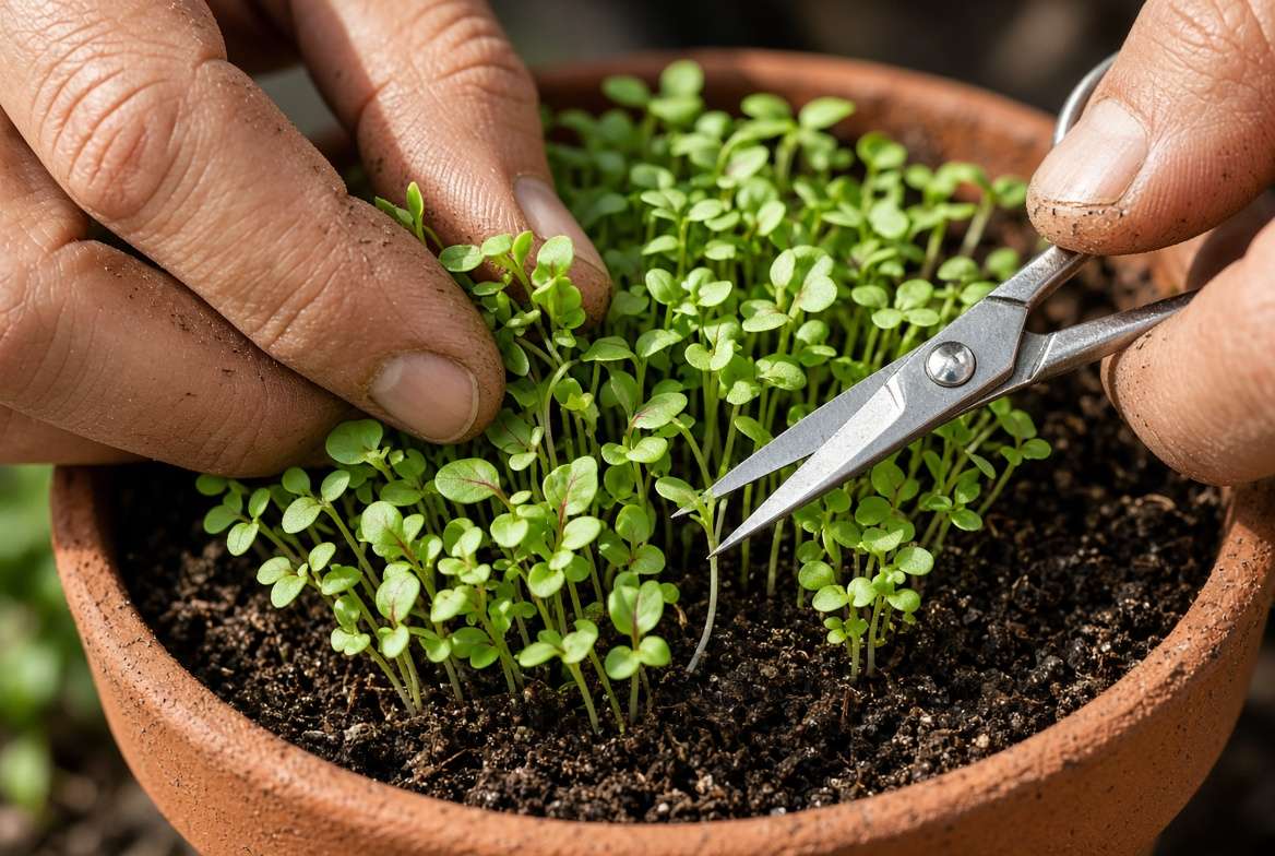 Gardener's hands demonstrating strategic thinning of dense vegetable seedlings using sharp scissors to snip at the soil line without disturbing neighboring roots.