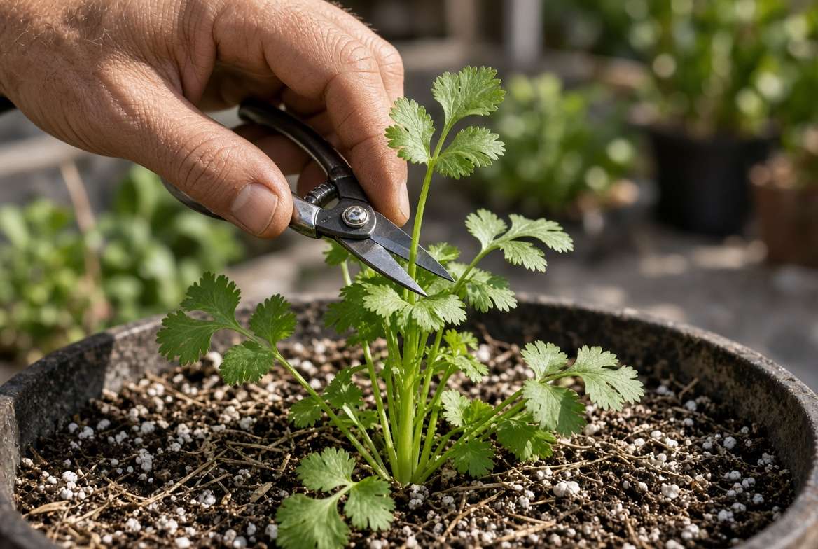 A close-up photograph demonstrating the exact technique of pruning a cilantro plant just before it bolts, illustrating cilantro vs. coriander container care in a pot.