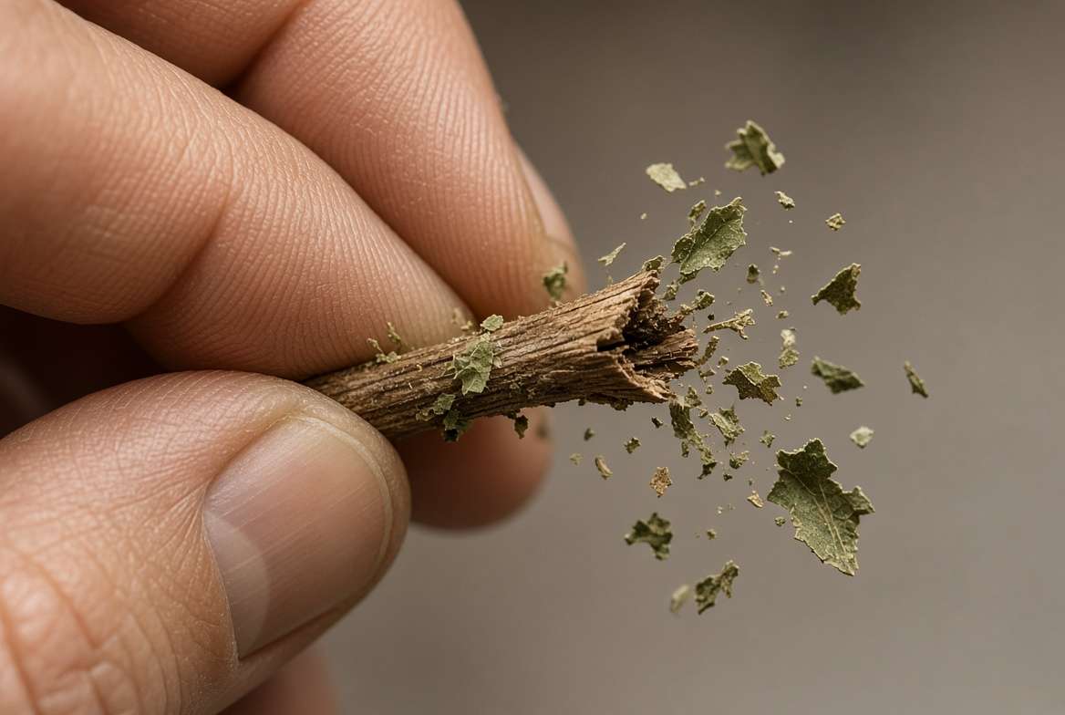 A close-up macro shot of fingers performing the snap test on a fully dried herb stem to ensure zero moisture remains.