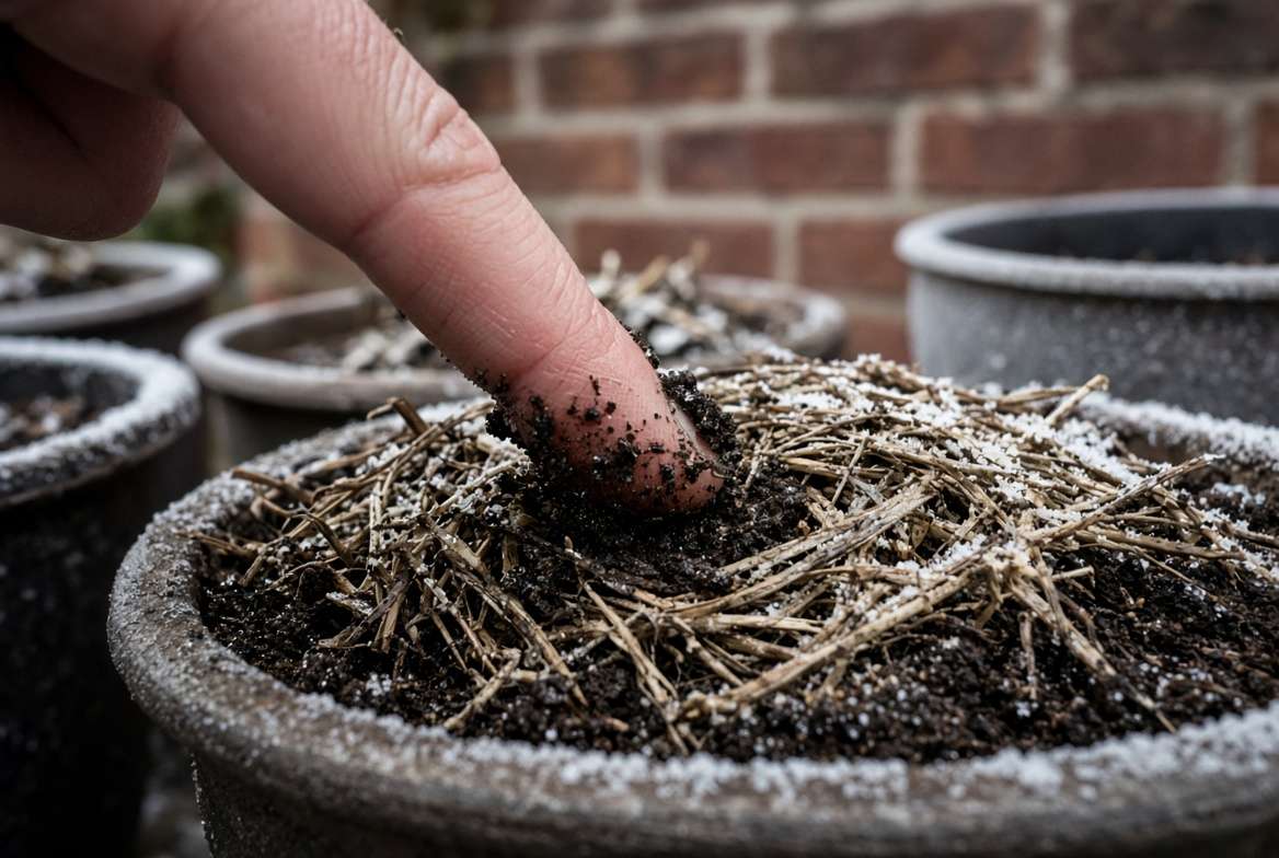 A close-up shot of a gardener's finger checking the soil moisture level beneath a layer of straw mulch in a container pot during winter.