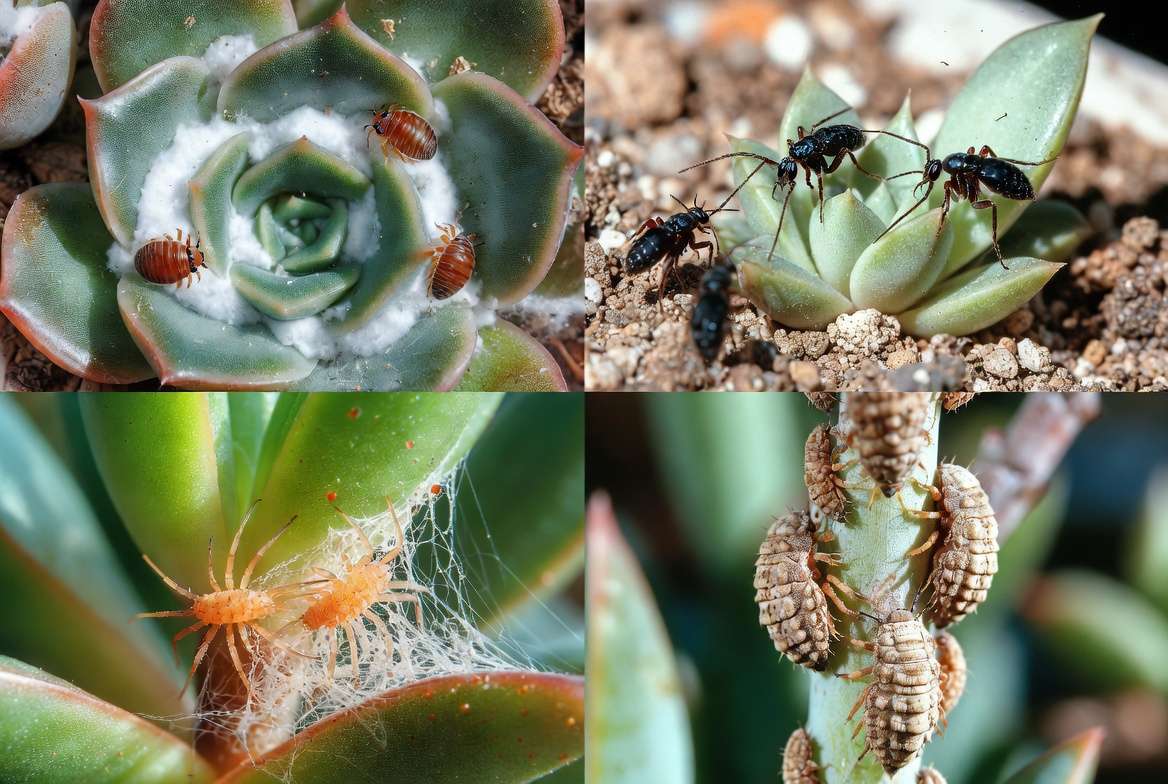 A macro-photography visual chart illustrating four common succulent pests: mealybugs, fungus gnats, spider mites, and scale insects.