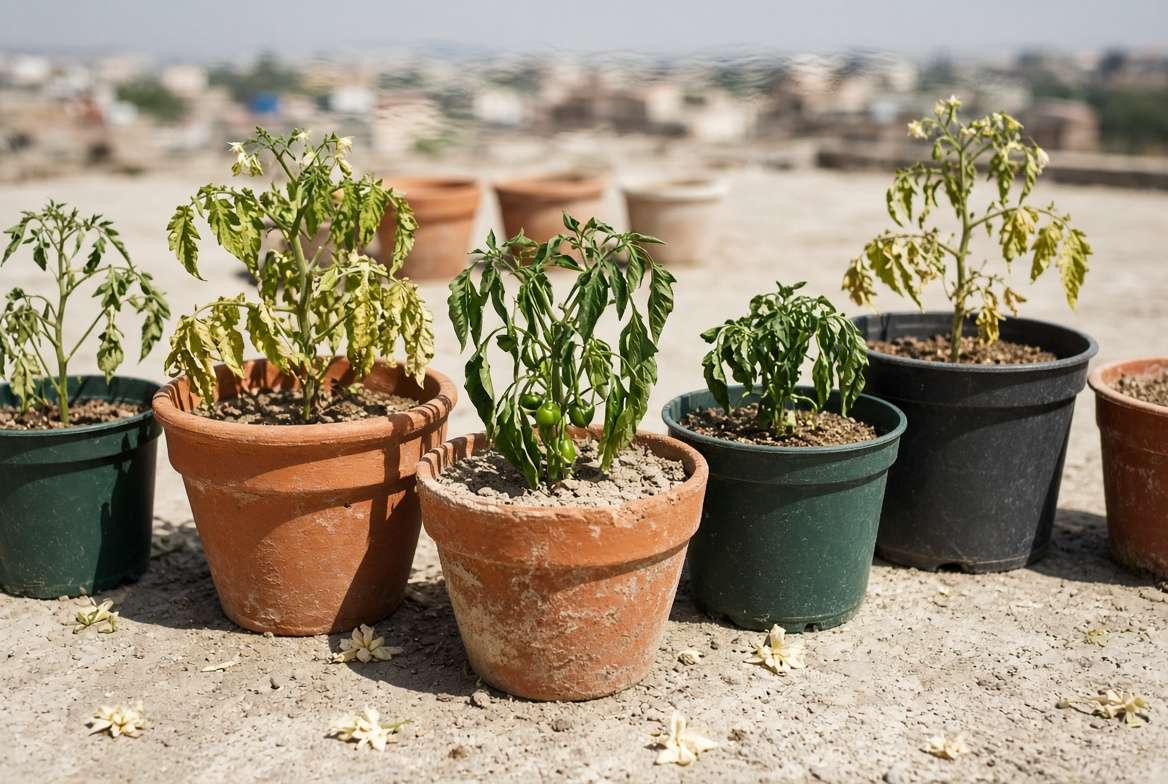 Realistic eye-level photograph capturing heat shimmer on a concrete patio with several container vegetable pots directly on the surface
