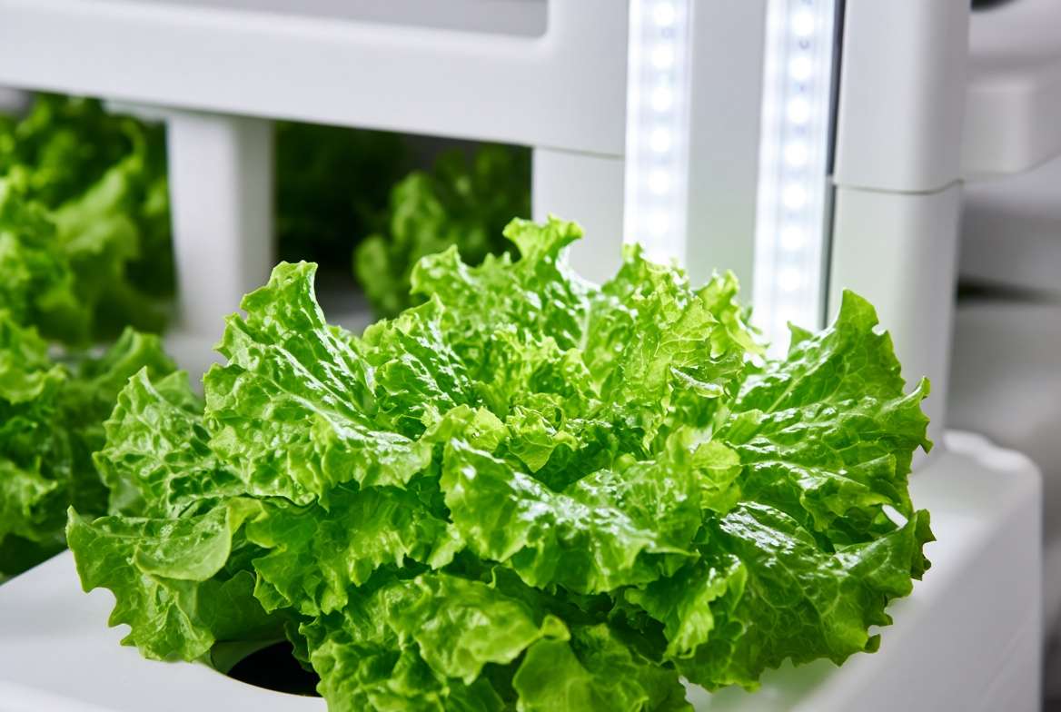 Close-up of vibrant indoor hydroponic lettuce leaves illuminated by full-spectrum LED vertical grow lights.