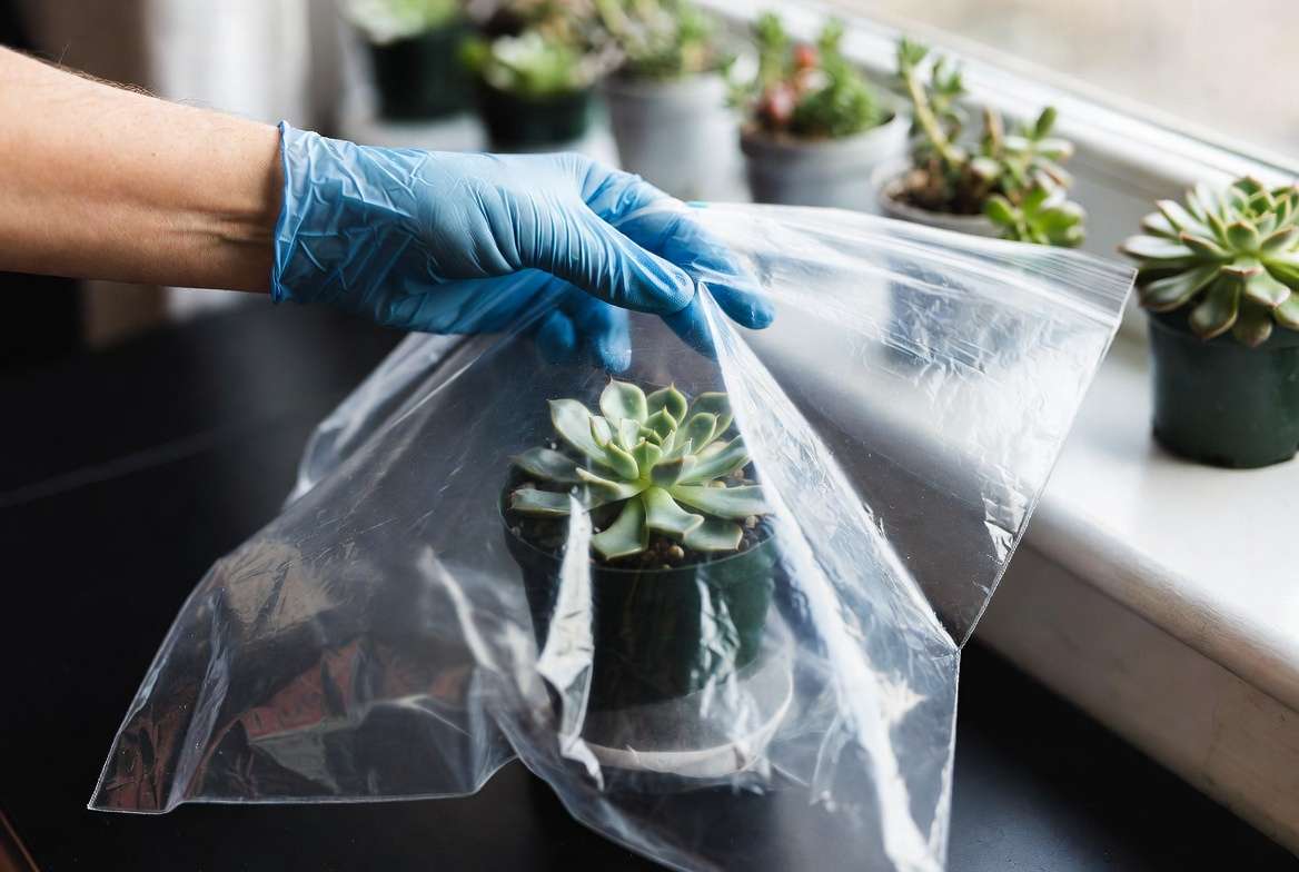 Garden hand lowering a clear plastic bag over a potted succulent to demonstrate safe extraction and containment of a diseased plant.