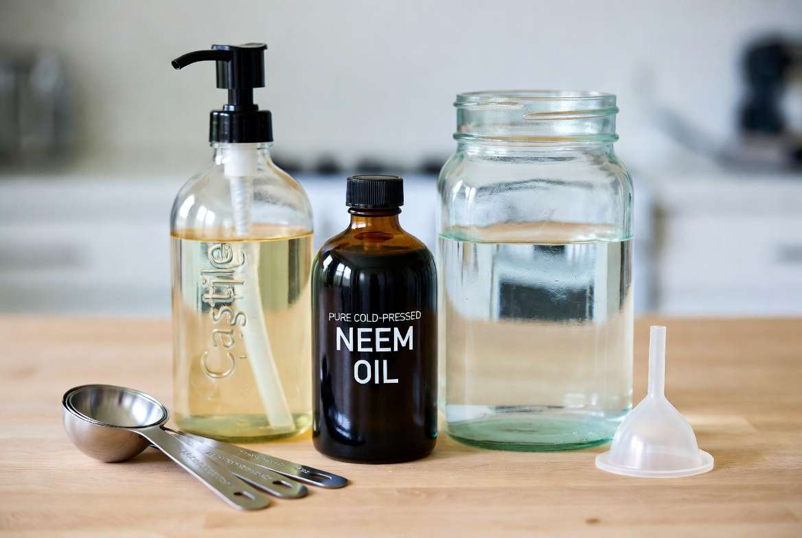 Organized top-down view of ingredients for DIY neem oil spray: cold-pressed neem oil, castile soap, distilled water, measuring spoons, and a funnel.