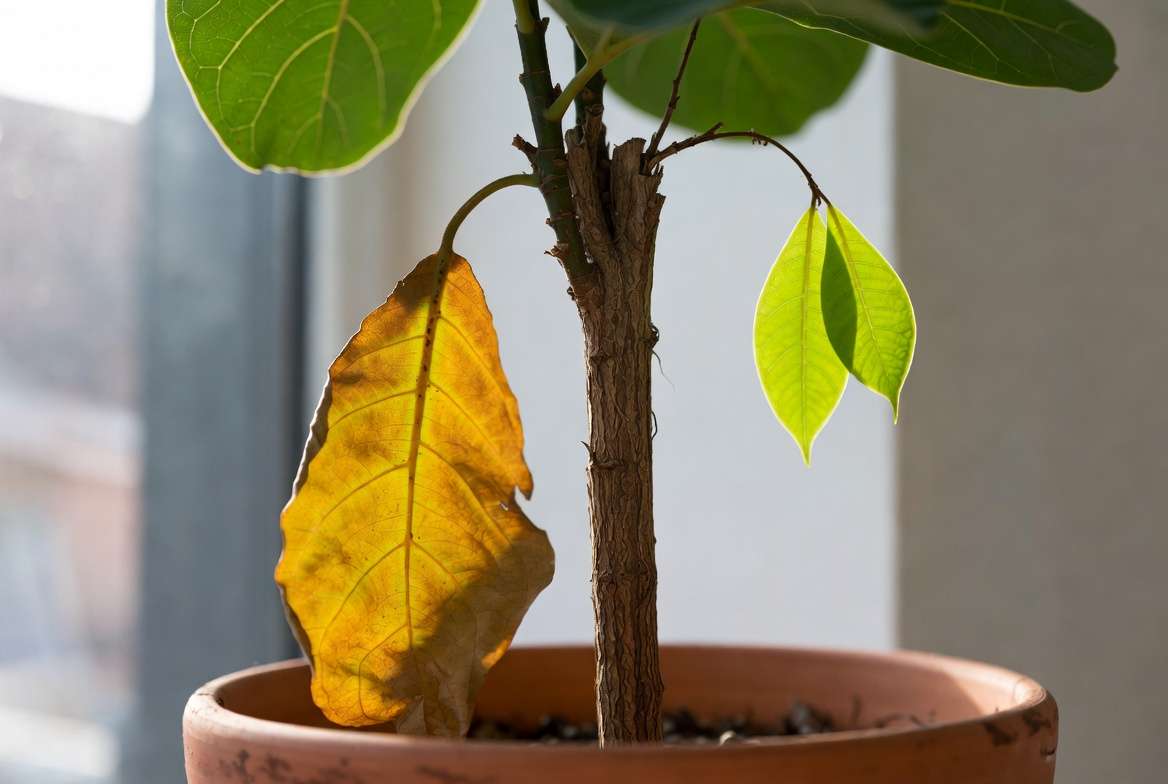 Close-up of a houseplant showing a single yellowing lower leaf and multiple falling green upper leaves, demonstrating natural aging vs. stress drop.