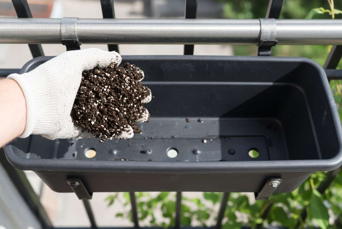 A close-up photograph illustrating healthy, well-aerated container soil mix containing perlite, held above a balcony rail planter with clear drainage holes.