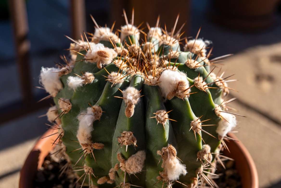 Extreme macro photograph showing fuzzy white mealybug masses nestled between the spines of a barrel cactus.