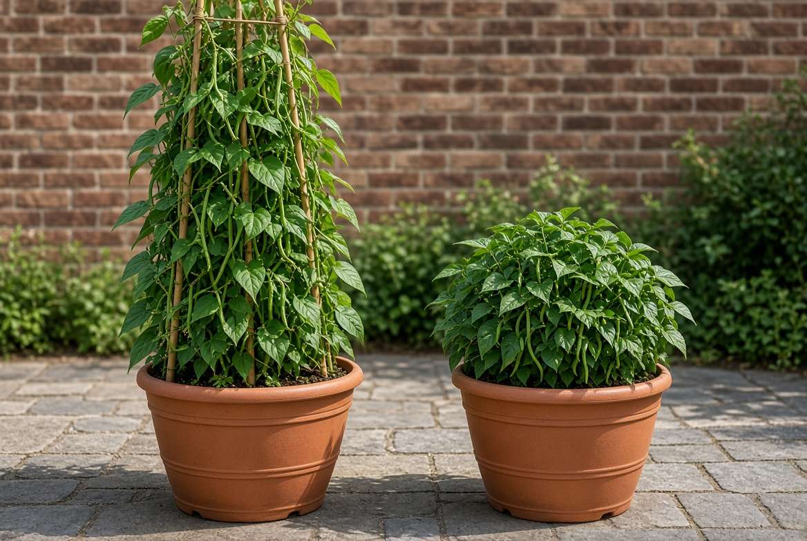 A comparison showing a tall, flourishing pole bean vine on a 7-foot bamboo teepee next to a compact, bushy bean plant in matching containers on a patio.